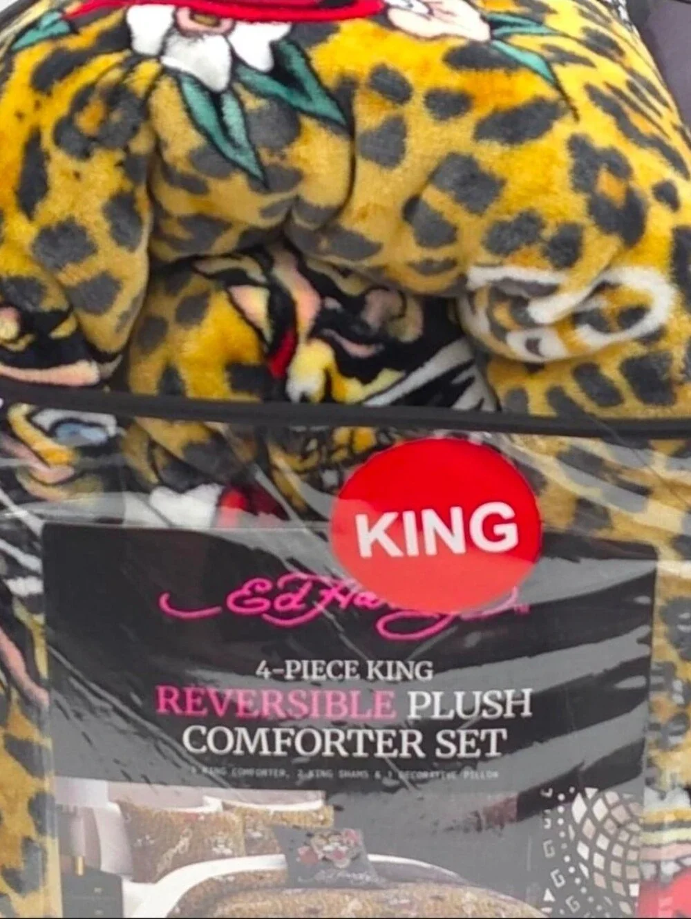 Ed Hardy KING 4 Piece Leopard Tiger Reversible Plush Comforter Set New